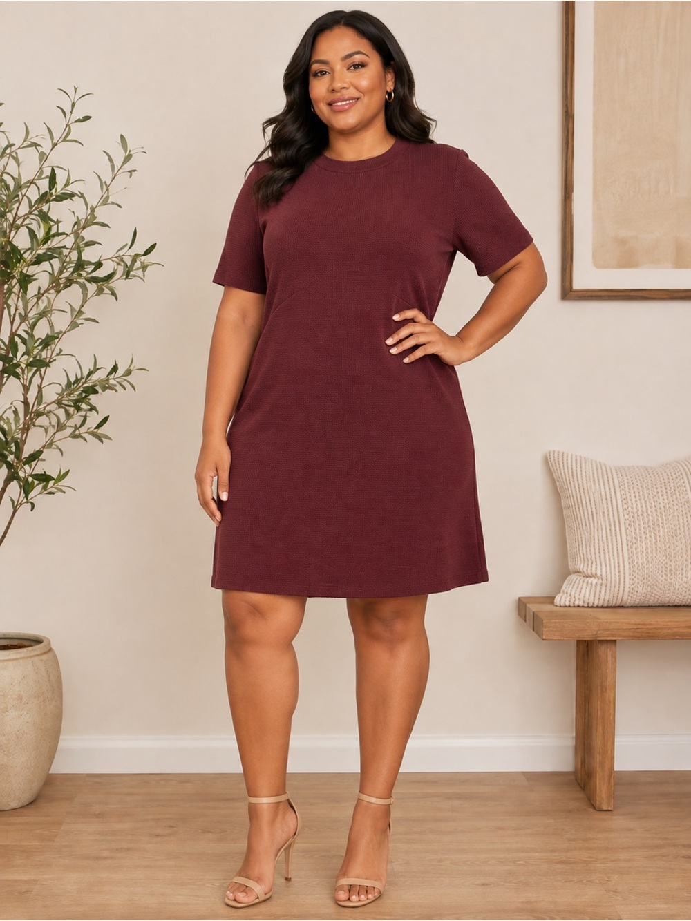 Burgundy Knit Short Sleeve Dress